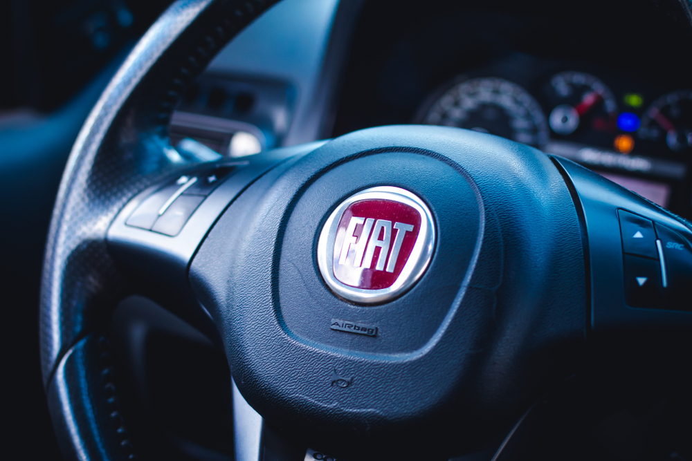 Fiat steering wheel of a Fiat in a Fiat service centre.